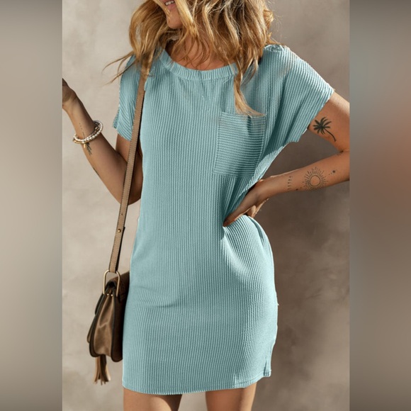 Blue Ribbed Knit Summer Short Sleeved T-Shirt Dress, Relaxed Fit, M-L-XL - Picture 2 of 10